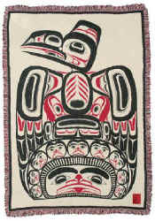 CHILDREN OF THE RAVEN COTTON THROW---a classic northwest symbol made with a woven design by a Northwest Coast Indian artist.
