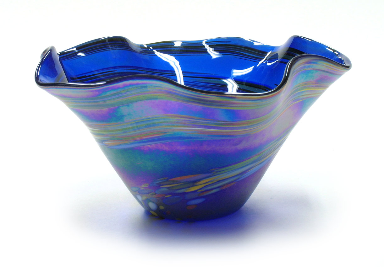 A Blue Rainbow Mini-Wave Bowl is approximately 6 inches in diamter. Makes a beautiful gift.